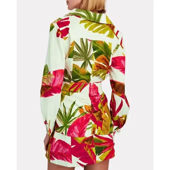 Farm Rio Spring Forest Long Sleeve Linen Blend Mini Dress White Multi Small - Picture 5 of 16